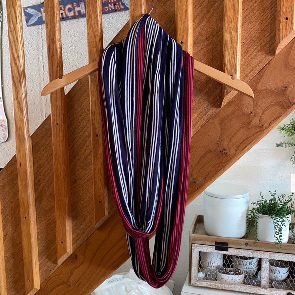 Blue and red striped infinity scarf